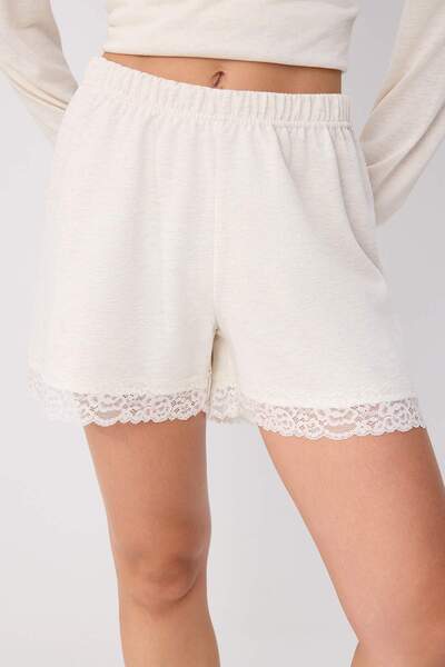Trendyol Collection Beige Melange Plain Lace Detailed Regular Waist Tubular L...
