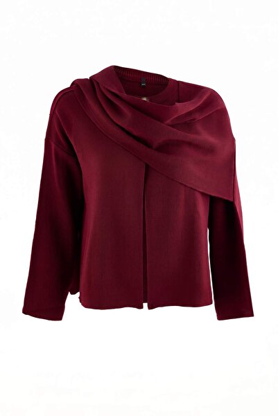 Trendyol Collection شال تريكو فضفاض للغاية/واسع الحجم بلون أحمر داكن بدون خيا...