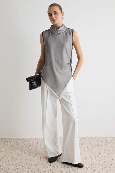 Trendyol Collection Gray White Lined Tulle Party Blouse Tpraw27Bz00009