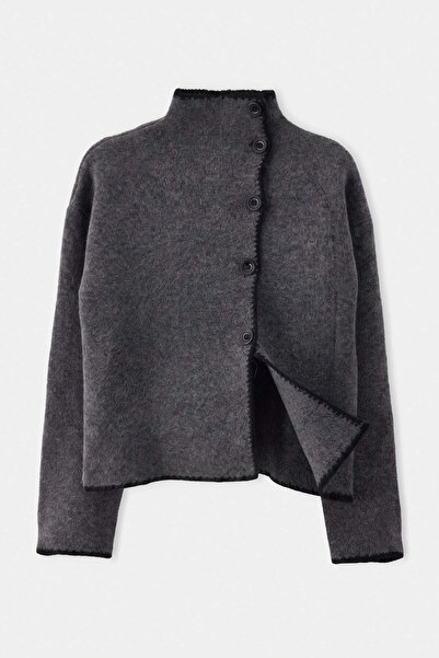 Trendyol Collection Anthracite High Collar Color Block Knitwear Cardigan Twoa...
