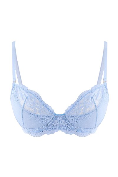 Trendyol Collection Sutien balconet albastru, cu dantelă, cu sârmă, ajurat, c...