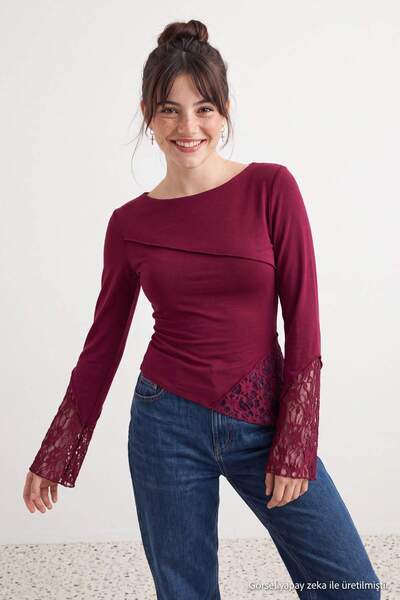 Trendyol Collection بلوزة محبوكة ناعمة ومرنة بلون أحمر كلاريت مع ياقة كاياك و...