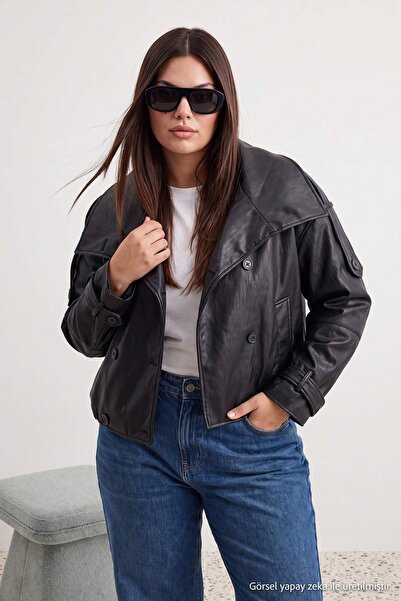 Trendyol Collection Black Oversize Fit Stand Collar Soft Faux Leather Plus Si...