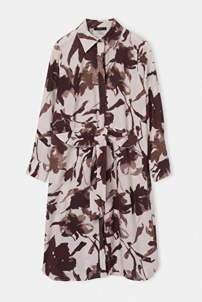 Trendyol Modest Καφέ Oversize Floral Πουκάμισο Μίντι από Βισκόζη TCTAW27TG00011