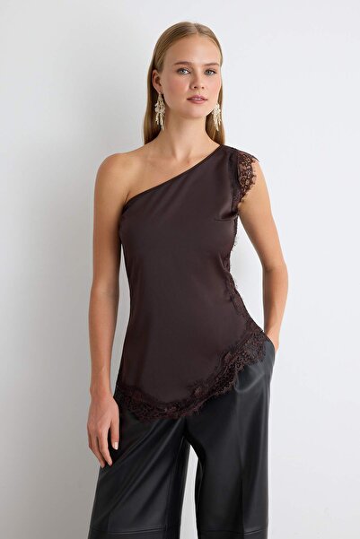 Trendyol Collection Brown Asymmetric Collar Lace Detailed Satin Blouse Tpraw2...