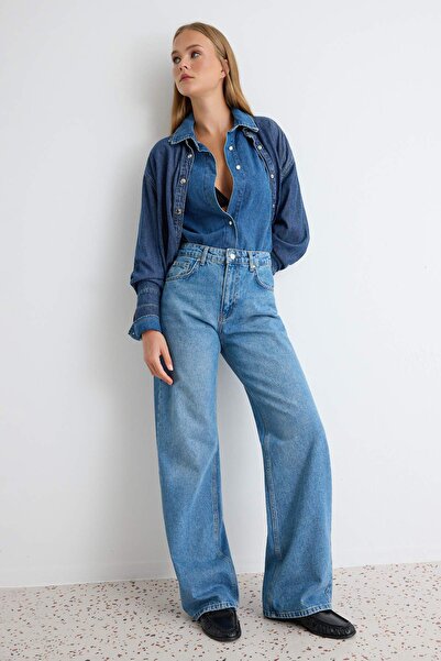 TRENDYOLMİLLA Mavi Yüksek Bel Geniş Paça Wide Leg Jeans TWOAW24JE00074