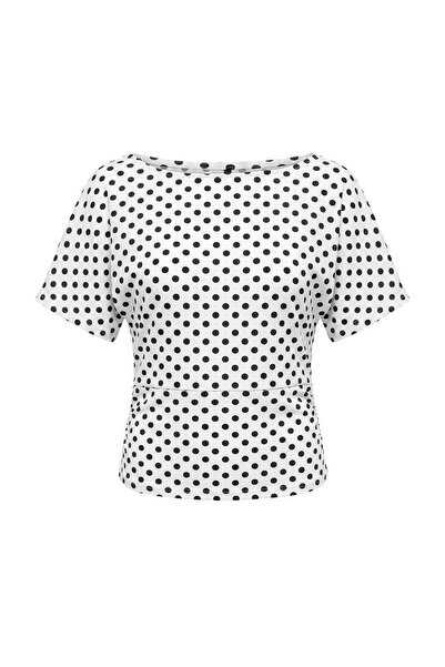 Trendyol Collection Ecru Polka Dot Fitted Crew Neck Low Sleeve Short Stretch ...