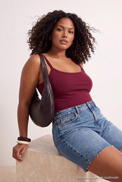 Trendyol Curve Mürdüm Fitted/Body-Fitting Pool Collar Sleeveless Cotton Ribbe...
