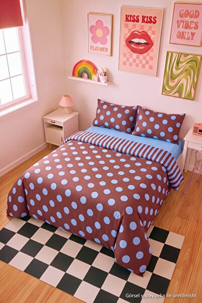 TRENDYOLMİLLA HOME Doppelseitiges, elastisches Bettlaken-Set mit braun-blauen...