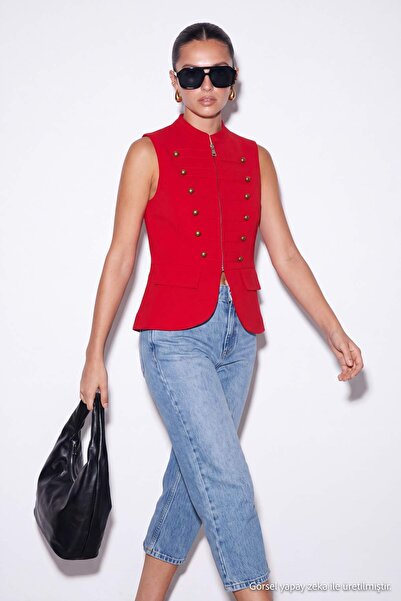 Drop by TrendyolMilla Red Judge Collar Napoleon Buttoned Woven Zippered Vest ...