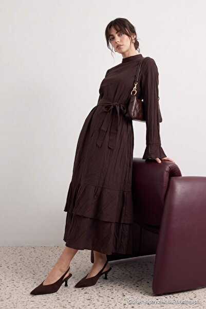 Trendyol Modest Brown High Neck Shift/Straight Cut Maxi Woven Hijab Dress Tct...