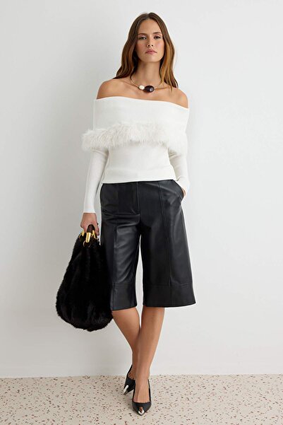 Trendyol Collection Bone Color Carmen Collar Fur Detailed Knitwear Sweater Tw...