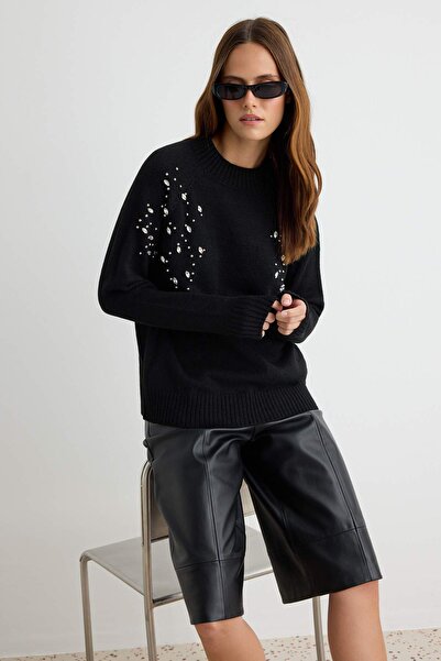 Trendyol Collection Black Stone Embroidered Soft Textured Knitwear Sweater Tw...
