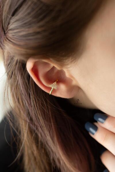 BY BARUN SİLVER Kıkırdak Earcuff Halka 925 Ayar Zirkon Taşlı Sarı Gold Sıkışt...