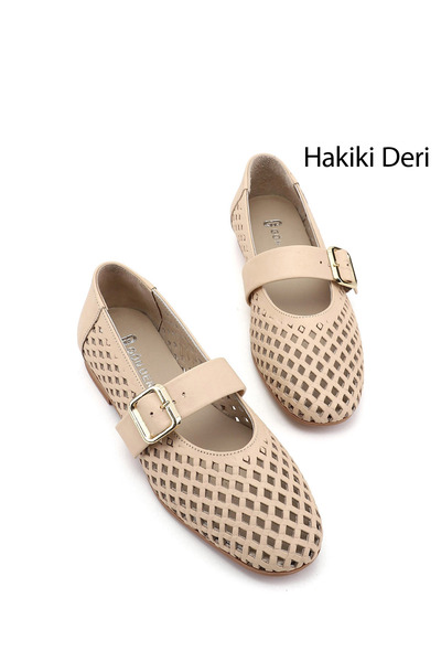 GÖNDERİ(R) Γυναικείες μπαλαρίνες μπεζ αντίκες με τύπωμα Mary Jane από γνήσιο ...