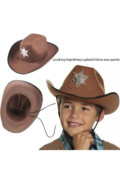 partidolu Καπέλο καουμπόι από τσόχα με σήμα Σερίφη, Παιδικό Μέγεθος, Καφέ Ρετρό