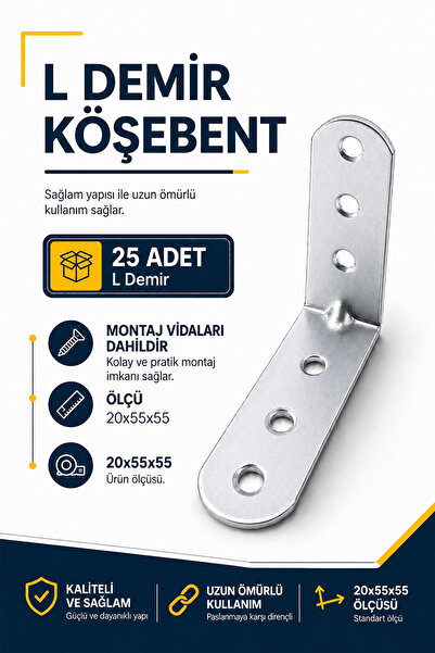 Badem10 L Demir Köşebent 20x55x55 mm Oval Başlı 25 Adet Set Mobilya Raf Sabit...