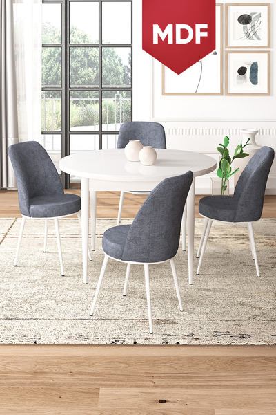 Canisa Tor Serisi MDF Yuvarlak 90x90 Beyaz Sabit Masa 4 Füme Sandalye Mutfak ...