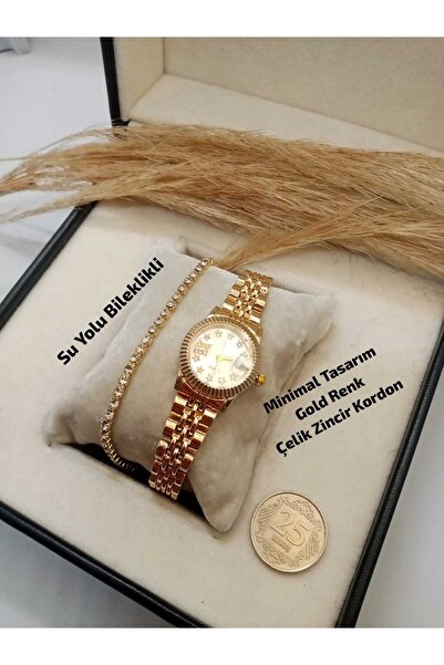 Brality Vintage Tasarım - Gold Renk Zincir Kordon- Gold RENK Kasa Kadın Kol S...