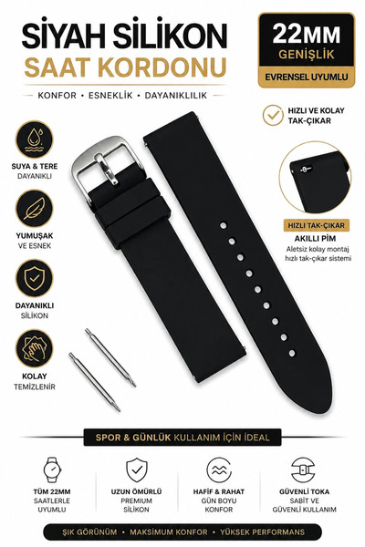onlinekordon ⌚ Samsung Galaxy 46mm Uyumlu 22mm Kauçuk Yumuşak Siyah Silikon S...