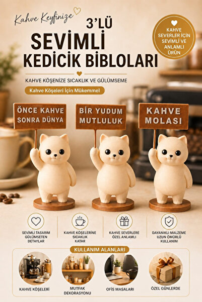 Lumis Home 3’lü Kedi Figürlü Biblo Seti Kahve Köşesi Dekoru Mutfak Süsü