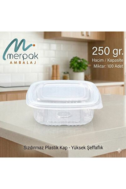 Merpak Ambalaj Plastik Saklama Kabı 250 gr 100'lü Kapaklı Sızdırmaz Kap Şeffaf Kullan At Kase