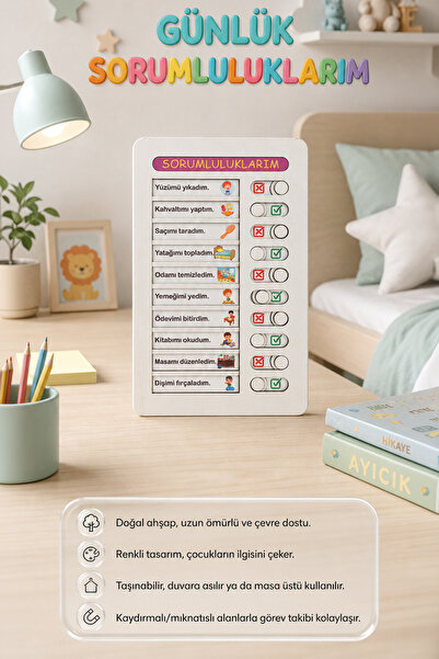 Hopiers My Responsibilities Wooden Board / Educational and Fun Responsibility Tracking Toy for Children
