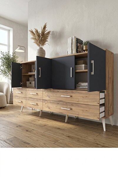 Dienni Arges Konsol 6 Raflı 6 Çekmeceli 4 Kapaklı 176x30x99 Çam-Antrasit/Çam