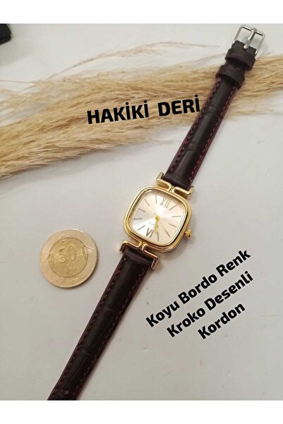 BS STILL Minimal Vintage Tasarım Kadın Kol Saati- HAKİKİ DERİ Bordo Renk Kord...