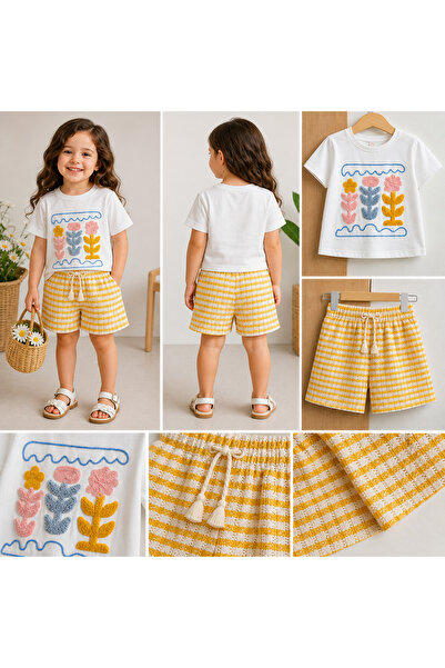 Wow colors Set tricou și pantaloni scurți pentru fete cu broderie florală – S...