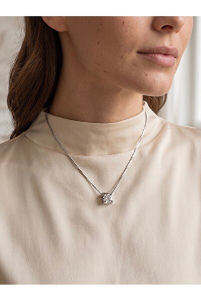 DİESMOONCO Unisex Gümüş Kaplama Zirkon Taş İtalyan Zincir Çelik Tek Taş Kolye
