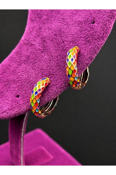 ByMerve Bym181 Multi-Colored Enamel Gold Hoop Earrings with Steel Clicks, Daily Stylish Model