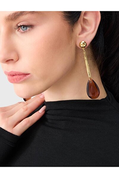 Jimmy Key Kahverengi Oval Figürlü Parlak Sallantılı Küpe