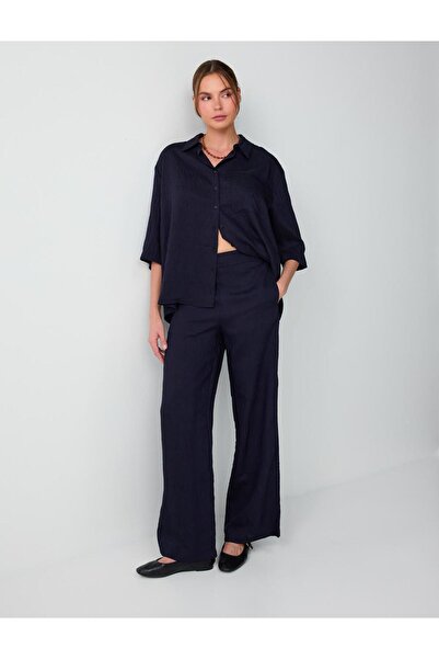 Jimmy Key Navy Blue High Waist Regular Leg Long Woven Trousers