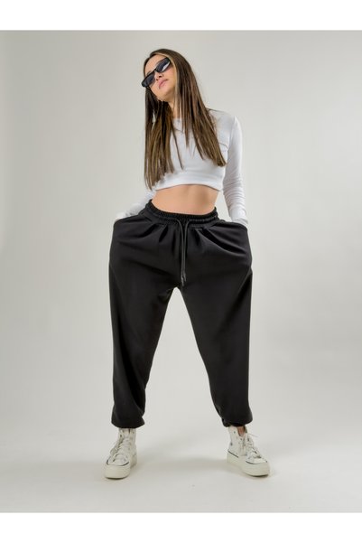 COCOPELLI Elastic Cuffed Pleated Black Jogger Women's Trousers Coc2081