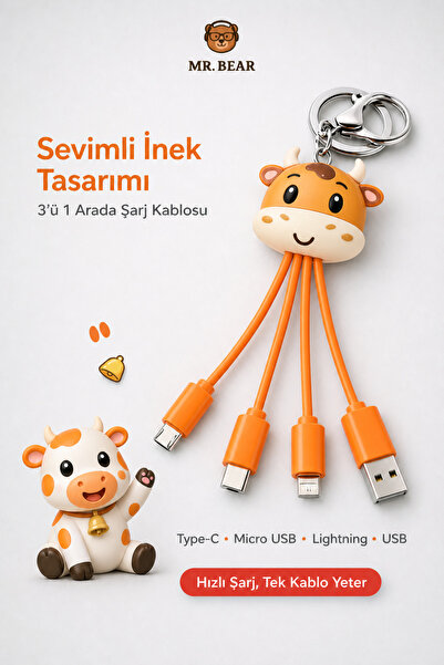 MR.BEAR Tüm Iphone ve Android Cihazlarla Uyumlu 3’ü 1 Arada İnek Figürlü Çokl...