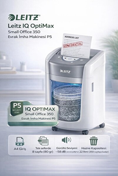Leitz IQ OptiMax 350 Mikro Kesimli Evrak İmha Makinesi P5 22L - Beyaz