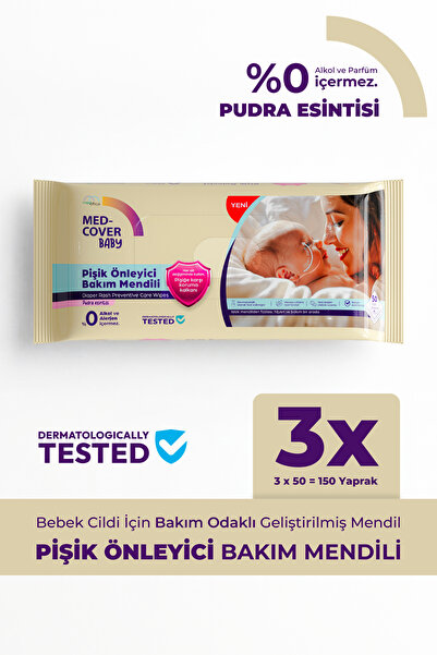MED-COVER Baby Pişik Önleyici Bakım Mendili – Pudra Esintisi / 50'li x 3 Avan...
