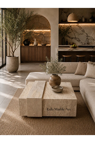 ESİLA MARBLE El Yapımı Traverten Orta Sehpa – Modern Minimalist Kare Form Doğ...