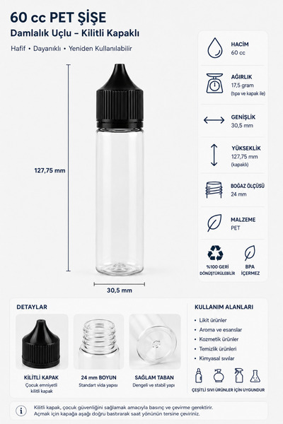 makrobay 60 ml Gorilla - Pet Damlalık Şişe - Likit - Şeffaf - Siyah Kilit Kap...