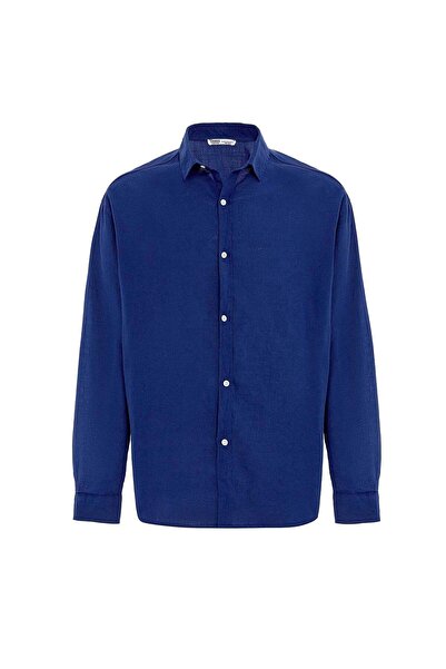 VAMOSCLO Basic Oversize Pamuk Keten Gömlek Saks