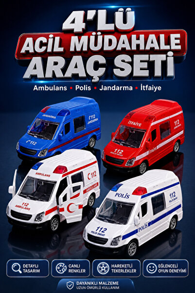 viyolmarketim 4’lü Oyuncak Minibüs Araba Seti – Ambulans, Polis, İtfaiye, Jan...
