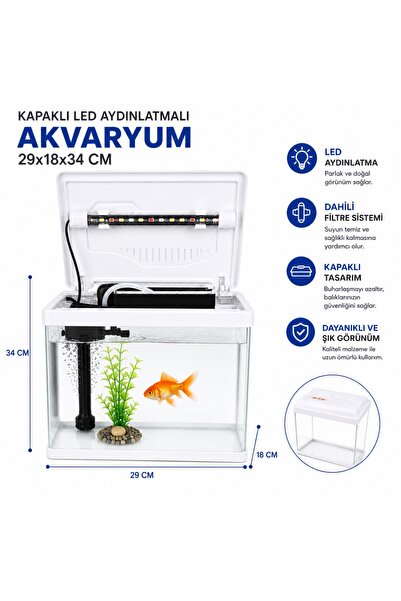 makro İTHAL AKVARYUM BEYAZ KAPAKLI 29*18*34 FİLTRE+ LED IŞIK / FULL SET
