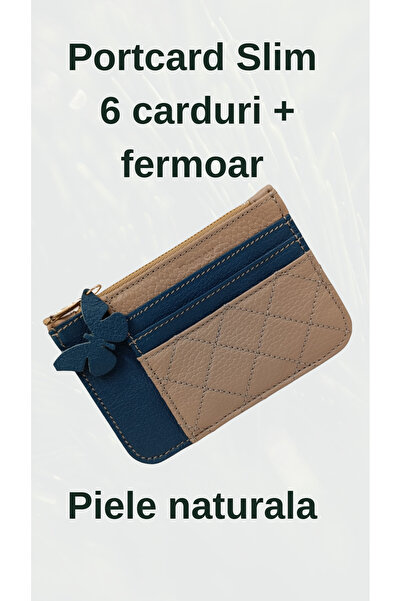 OEM Portcard slim piele naturală cu fermoar,6 carduri,compartiment buletin po...