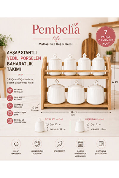 Kitchen Pembelia Ahşap Standlı 7’li Porselen Baharat Saklama Kavanoz Seti Bah...
