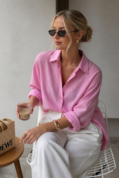 Black Fashion V Yaka Oversize Pembe Modal Gömlek