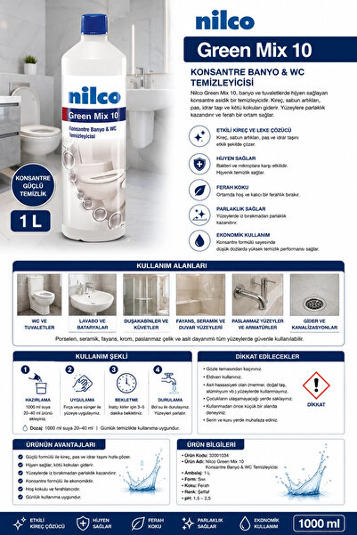 nilco 32001034 Green Mix 10 Konsantre Banyo ve WC Temizleme Ürünü 1000 ml