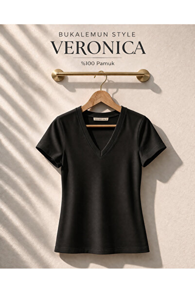Bukalemun STYLE VERONICA V YAKA Siyah Kadın Tişört