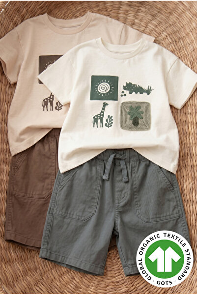Mtcbaby %100 Pamuk Gabardin Şortlu Dinosours Takım 3-7 Yaş Yeşil