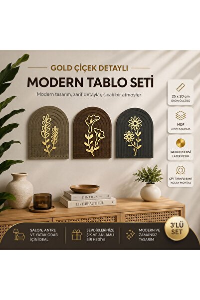 HippoDeco Gold Çiçek Detaylı Ahşap Gökküşağı Duvar Tablo Seti – 70x25 cm Deko...